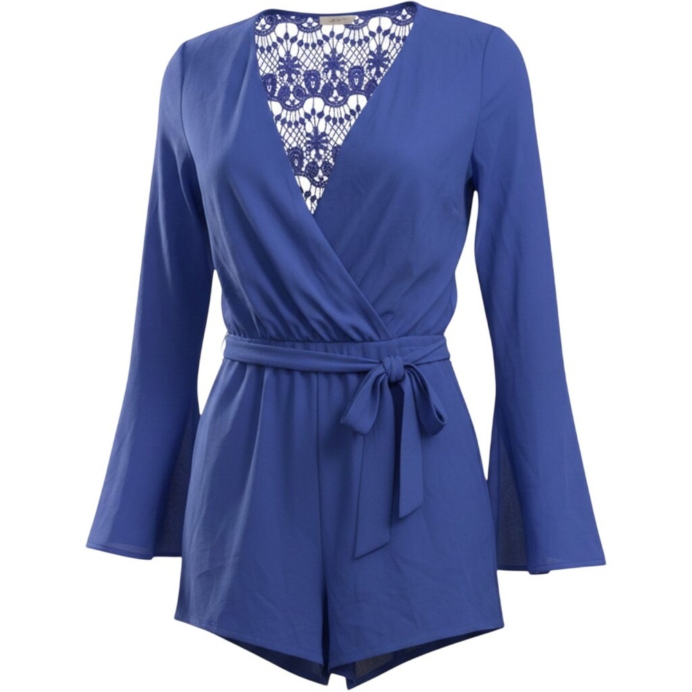 Altar'd State Royal Blue Lace Back Romper Long Bell Sleeve V-Neck Small